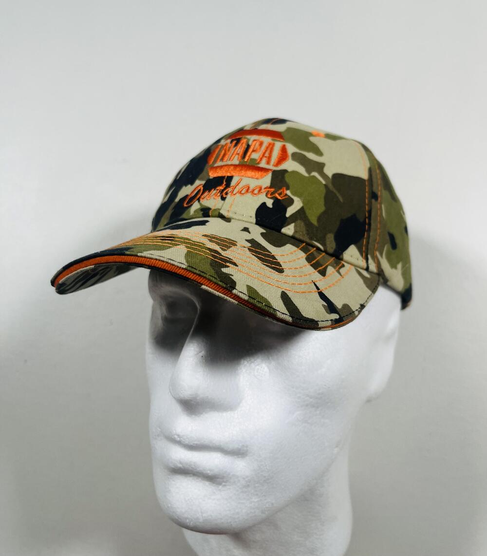 NAPA Outdoors Hat Cap Strap Back Mens One Size Camo Twill Hunting Orange Logo